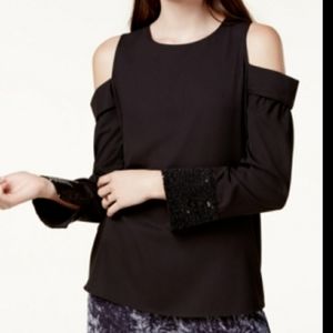 Kensie Top Black Cold Shoulder Embellished Blouse